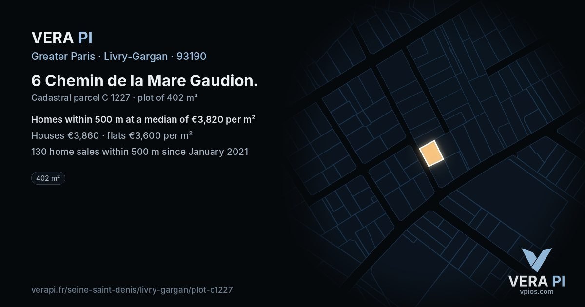 6 Chemin de la Mare Gaudion, Livry-Gargan at night – the plot lit, the parcels around coloured by the prices near them
