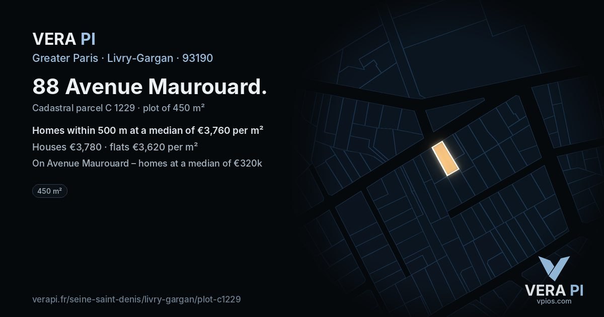 88 Avenue Maurouard, Livry-Gargan at night – the plot lit, the parcels around coloured by the prices near them