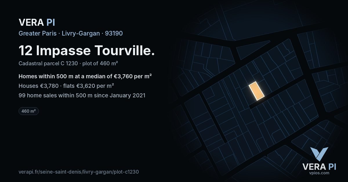 12 Impasse Tourville, Livry-Gargan at night – the plot lit, the parcels around coloured by the prices near them