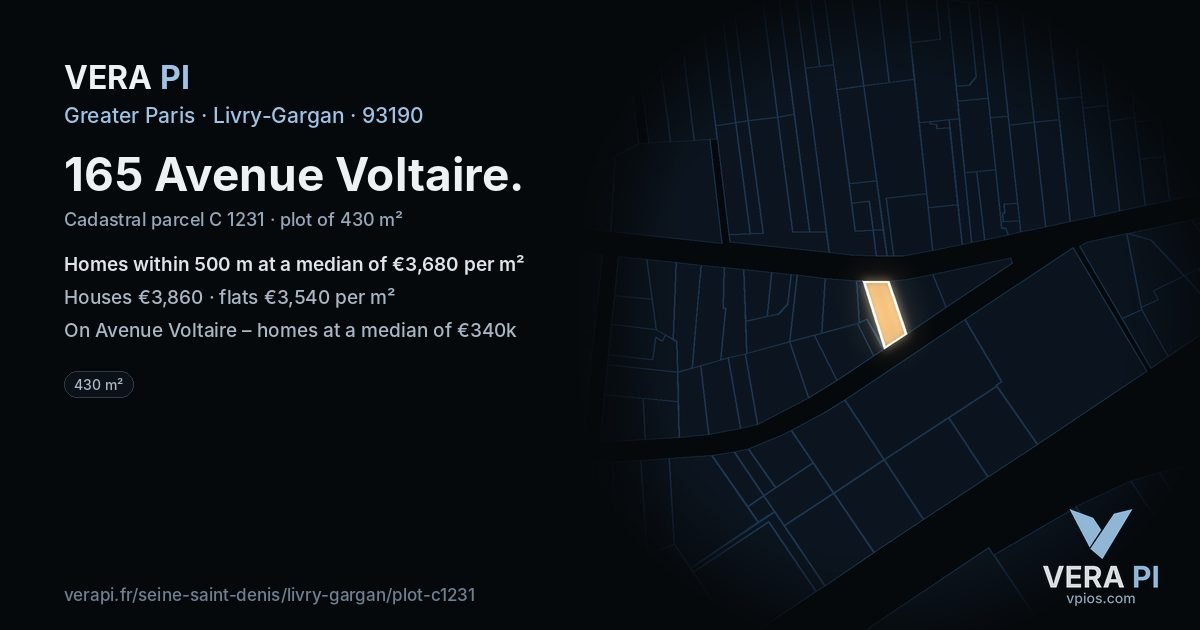 165 Avenue Voltaire, Livry-Gargan at night – the plot lit, the parcels around coloured by the prices near them