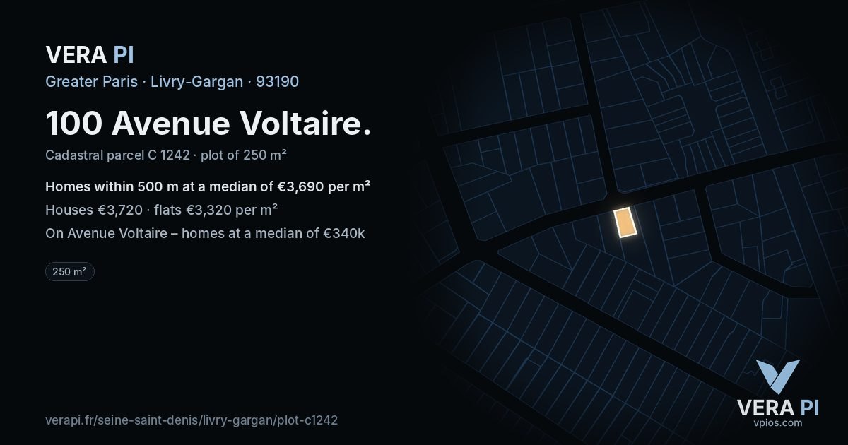 100 Avenue Voltaire, Livry-Gargan at night – the plot lit, the parcels around coloured by the prices near them