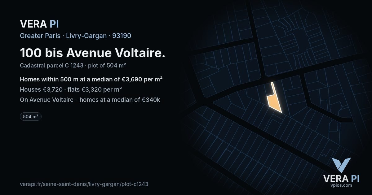 100 bis Avenue Voltaire, Livry-Gargan at night – the plot lit, the parcels around coloured by the prices near them