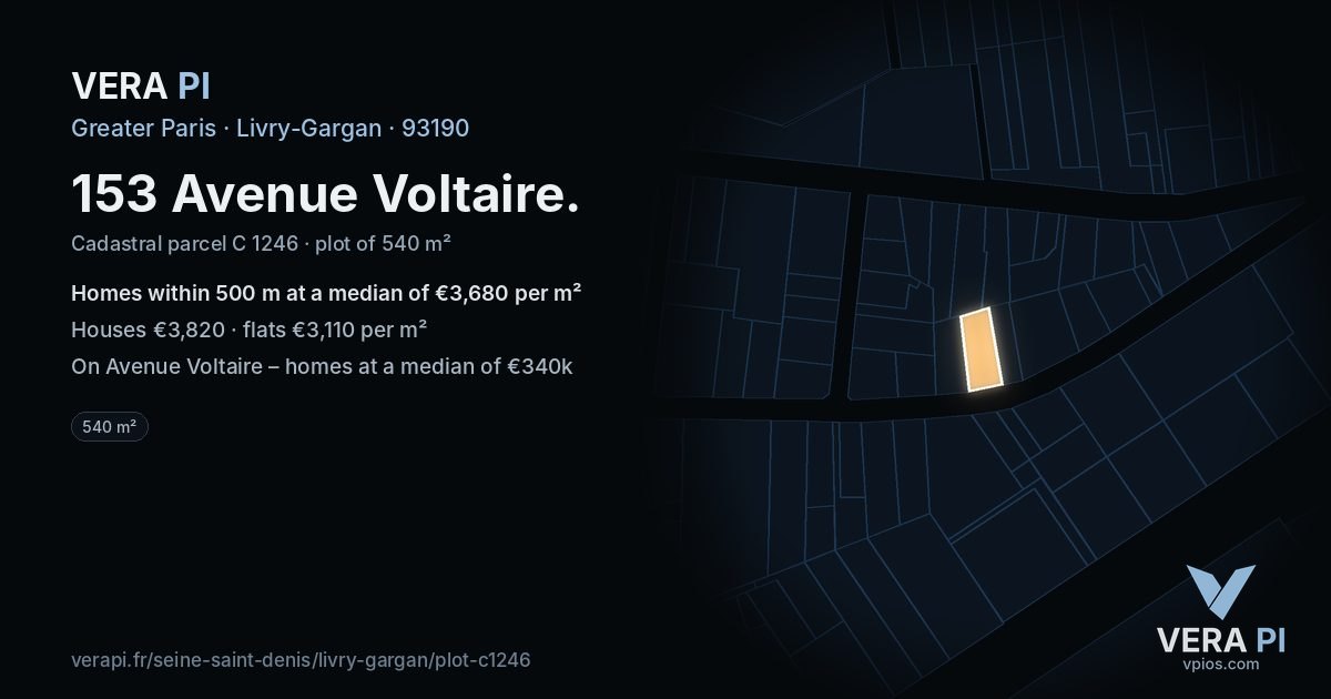 153 Avenue Voltaire, Livry-Gargan at night – the plot lit, the parcels around coloured by the prices near them