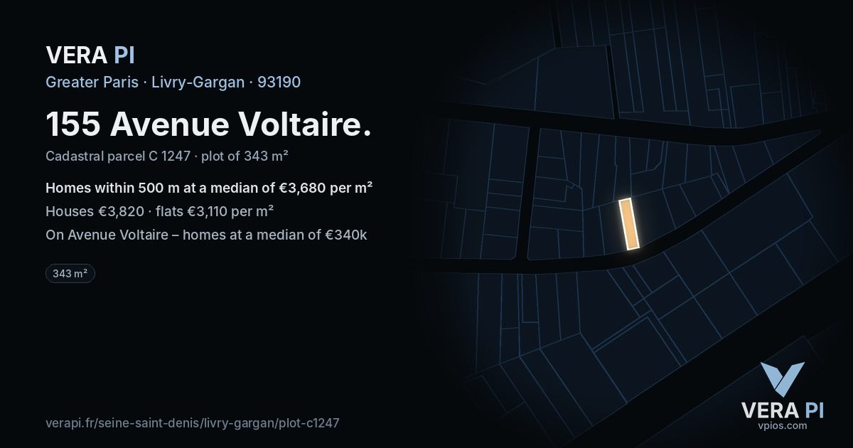 155 Avenue Voltaire, Livry-Gargan at night – the plot lit, the parcels around coloured by the prices near them