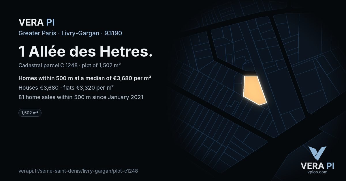 1 Allée des Hetres, Livry-Gargan at night – the plot lit, the parcels around coloured by the prices near them