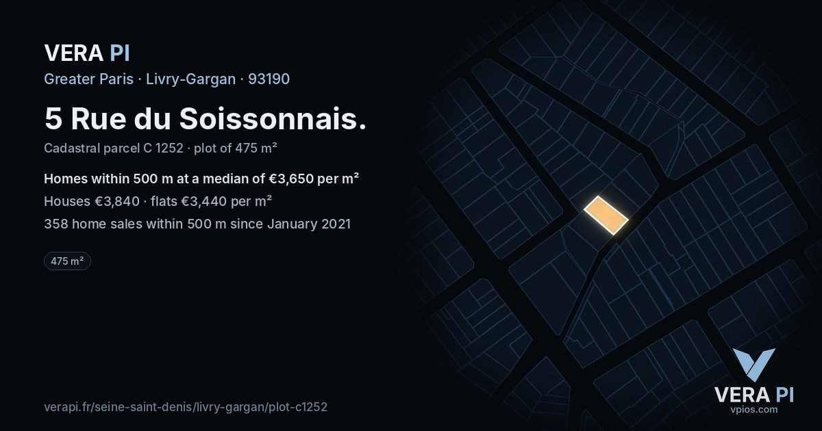 5 Rue du Soissonnais, Livry-Gargan at night – the plot lit, the parcels around coloured by the prices near them