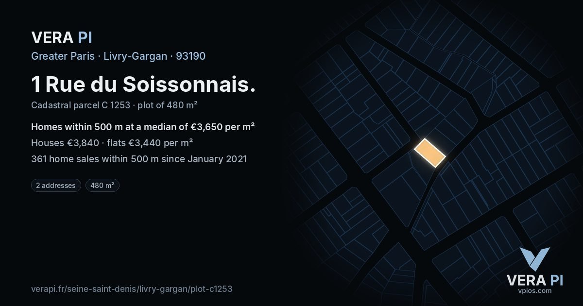 1 Rue du Soissonnais, Livry-Gargan at night – the plot lit, the parcels around coloured by the prices near them
