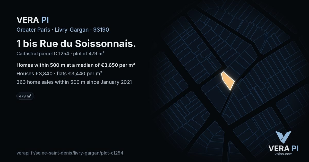 1 bis Rue du Soissonnais, Livry-Gargan at night – the plot lit, the parcels around coloured by the prices near them