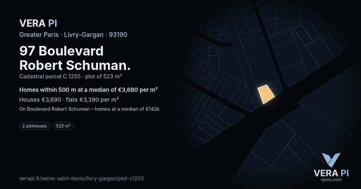 97 Boulevard Robert Schuman, Livry-Gargan at night – the plot lit, the parcels around coloured by the prices near them