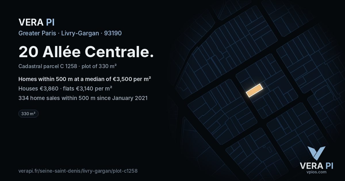 20 Allée Centrale, Livry-Gargan at night – the plot lit, the parcels around coloured by the prices near them