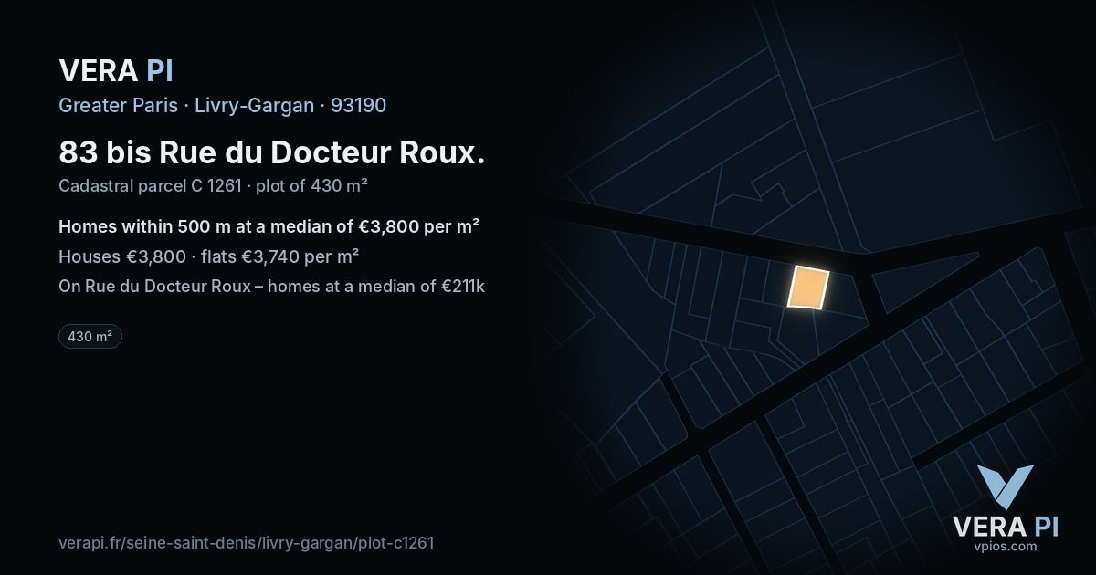 83 bis Rue du Docteur Roux, Livry-Gargan at night – the plot lit, the parcels around coloured by the prices near them