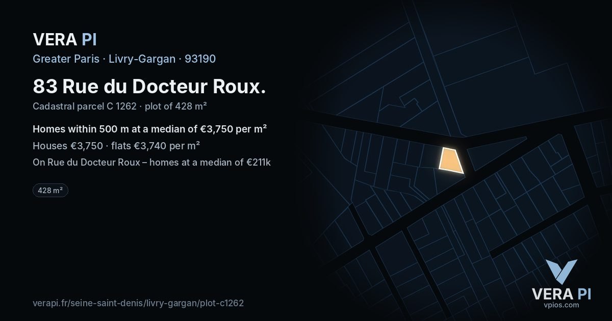 83 Rue du Docteur Roux, Livry-Gargan at night – the plot lit, the parcels around coloured by the prices near them