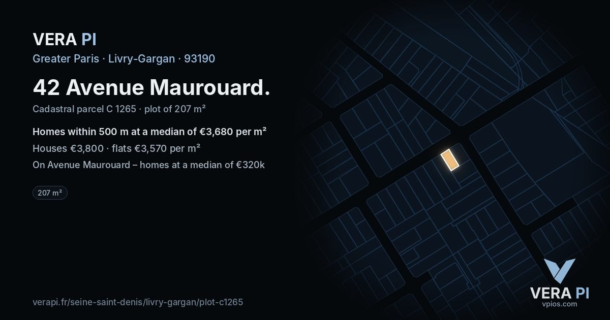 42 Avenue Maurouard, Livry-Gargan at night – the plot lit, the parcels around coloured by the prices near them