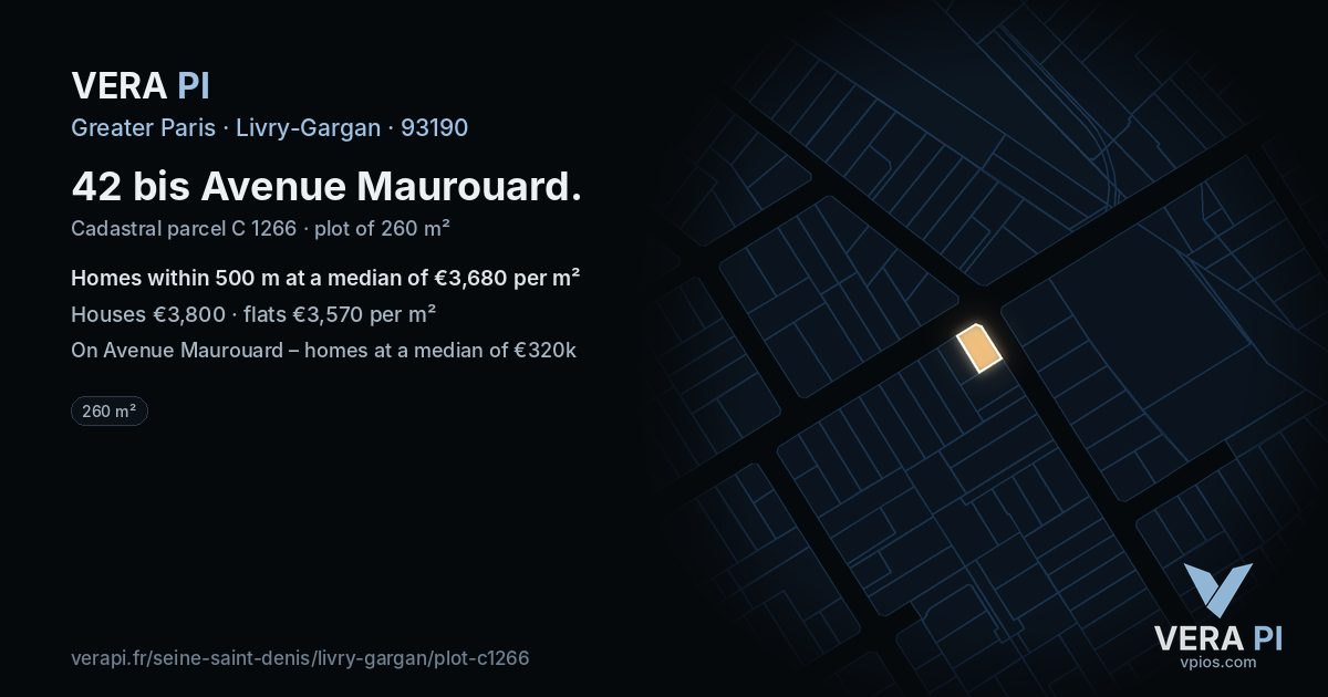 42 bis Avenue Maurouard, Livry-Gargan at night – the plot lit, the parcels around coloured by the prices near them
