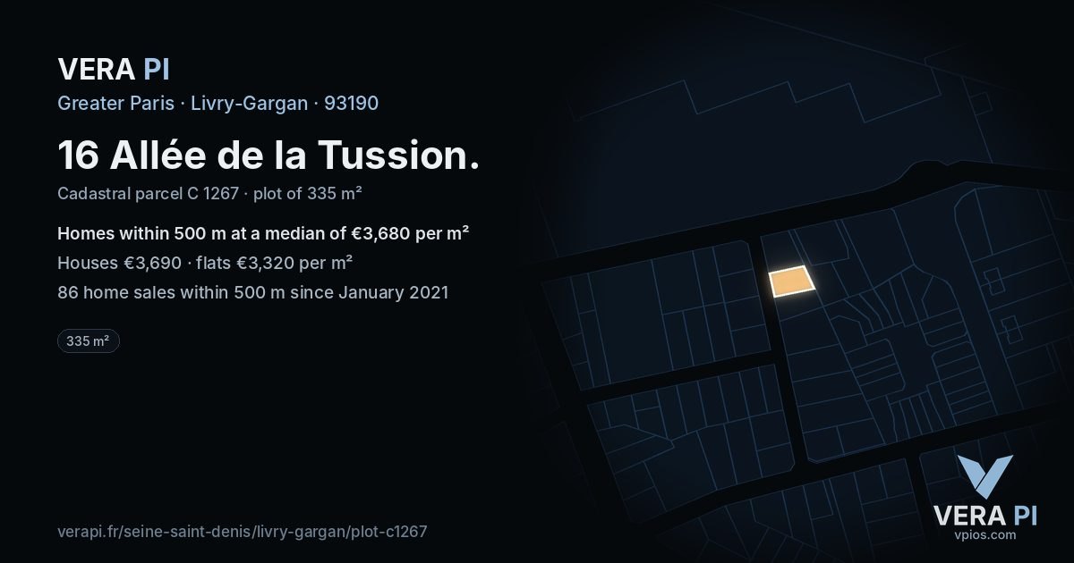 16 Allée de la Tussion, Livry-Gargan at night – the plot lit, the parcels around coloured by the prices near them