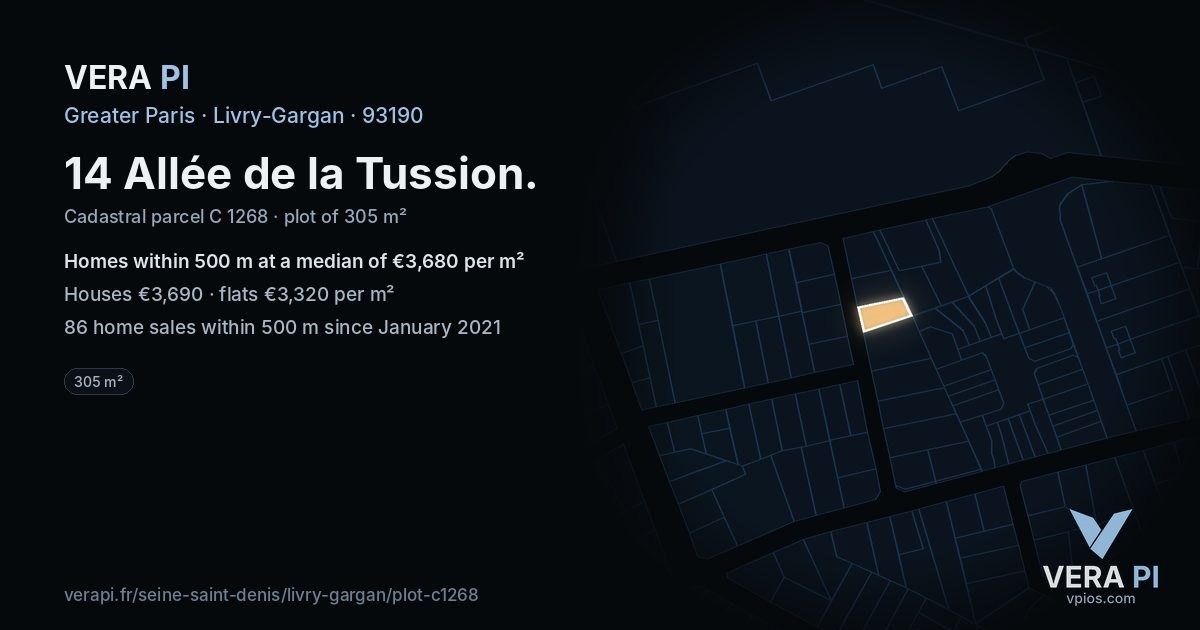14 Allée de la Tussion, Livry-Gargan at night – the plot lit, the parcels around coloured by the prices near them