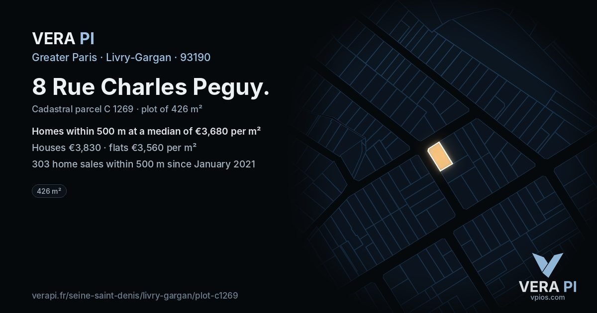 8 Rue Charles Peguy, Livry-Gargan at night – the plot lit, the parcels around coloured by the prices near them