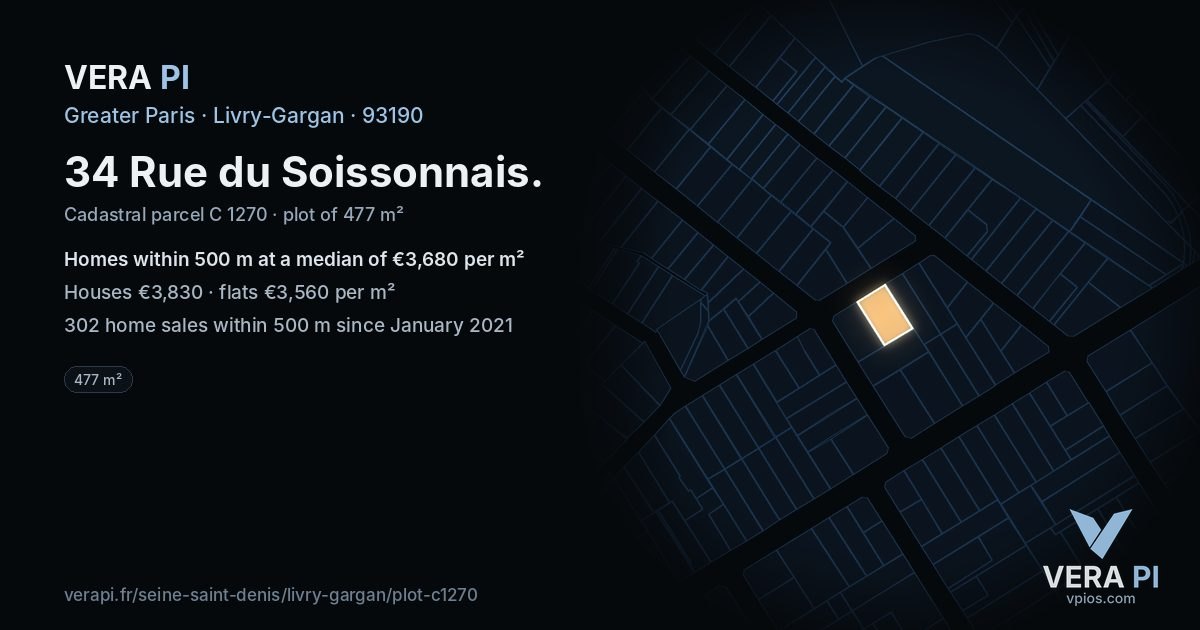 34 Rue du Soissonnais, Livry-Gargan at night – the plot lit, the parcels around coloured by the prices near them