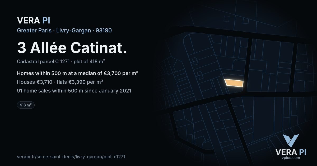 3 Allée Catinat, Livry-Gargan at night – the plot lit, the parcels around coloured by the prices near them