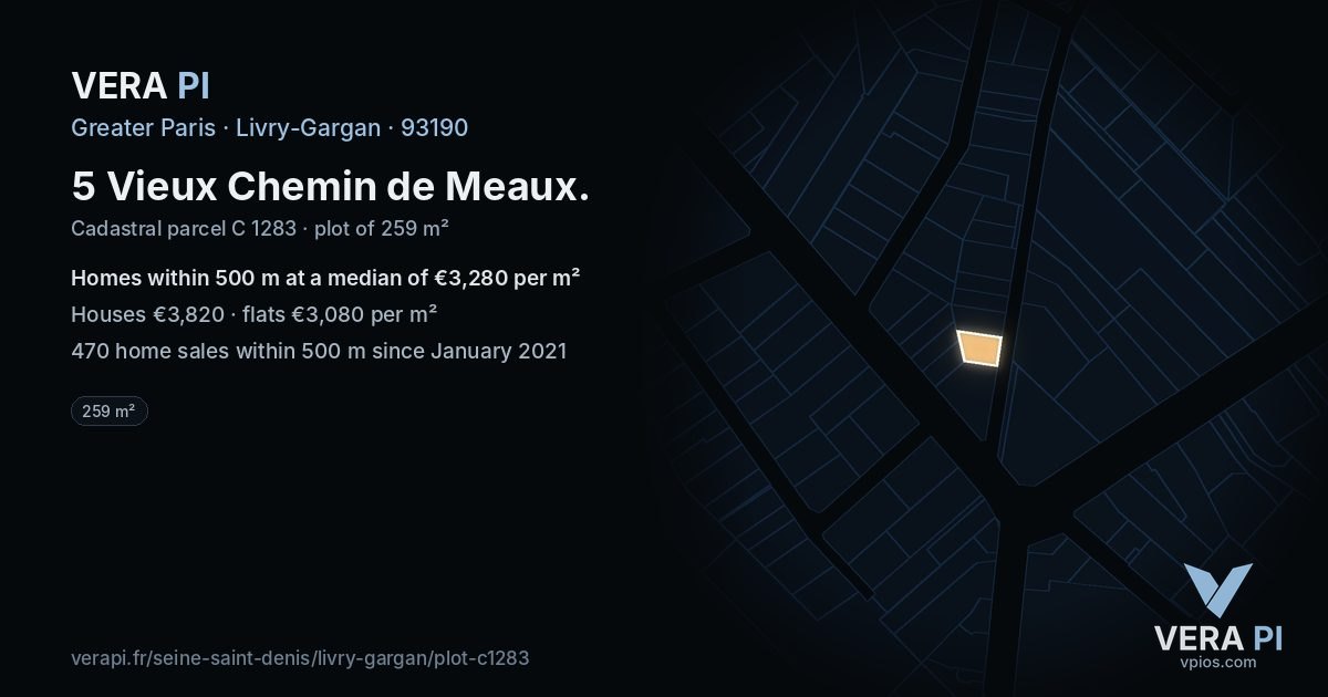 5 Vieux Chemin de Meaux, Livry-Gargan at night – the plot lit, the parcels around coloured by the prices near them