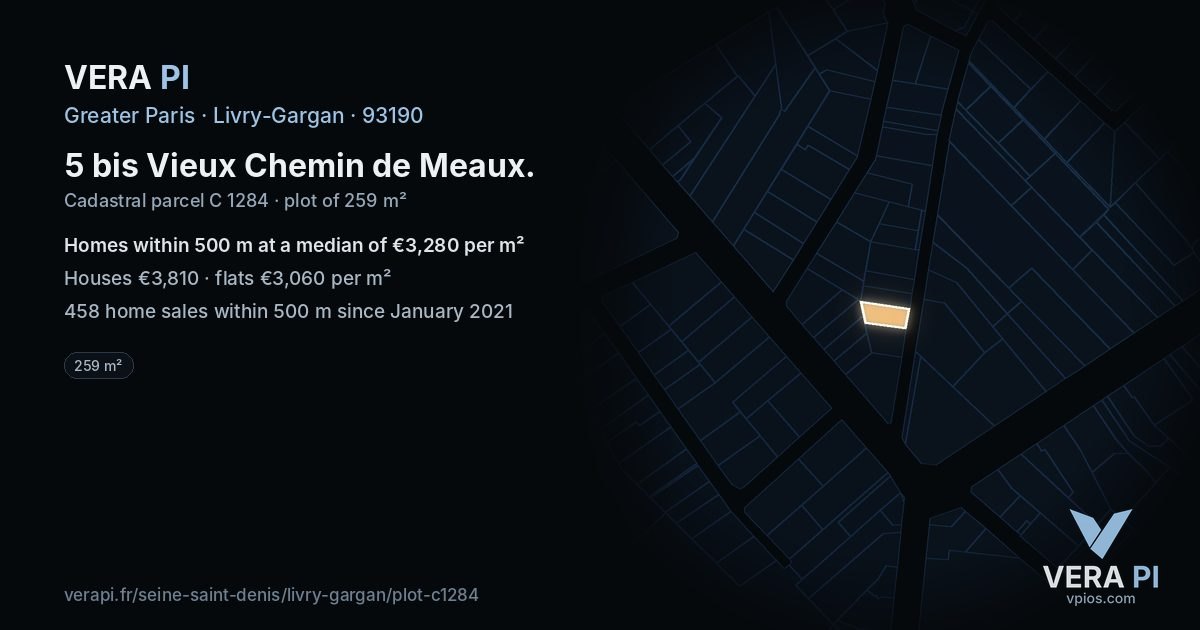 5 bis Vieux Chemin de Meaux, Livry-Gargan at night – the plot lit, the parcels around coloured by the prices near them