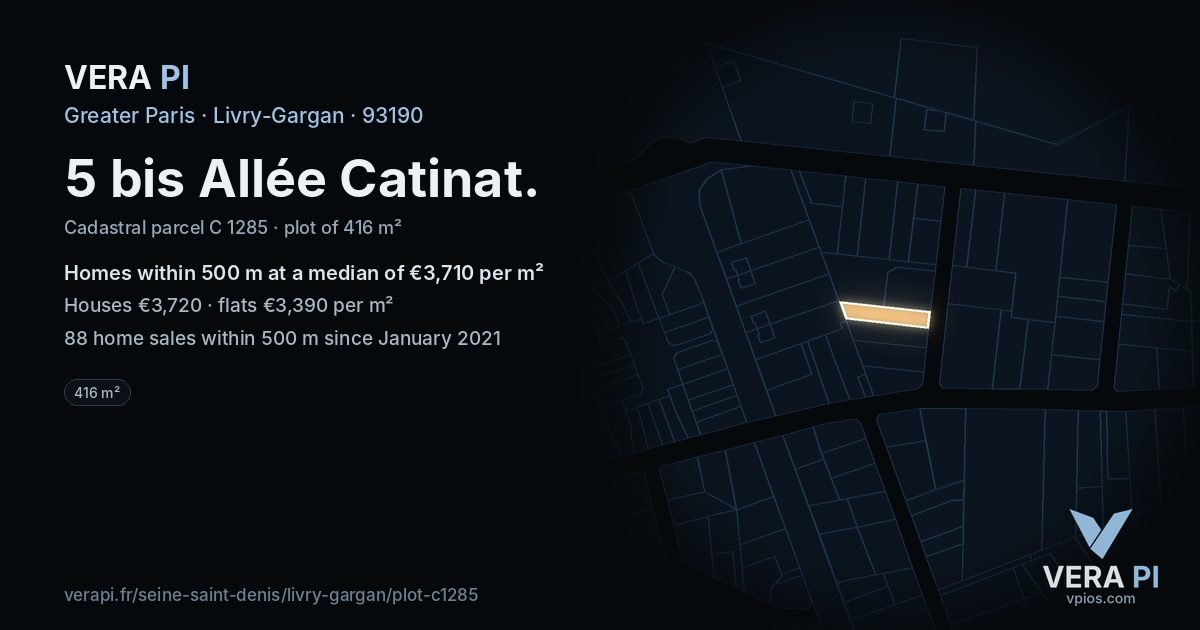 5 bis Allée Catinat, Livry-Gargan at night – the plot lit, the parcels around coloured by the prices near them