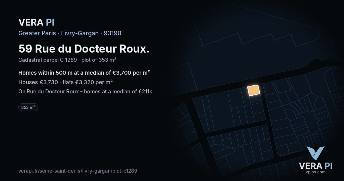 59 Rue du Docteur Roux, Livry-Gargan at night – the plot lit, the parcels around coloured by the prices near them