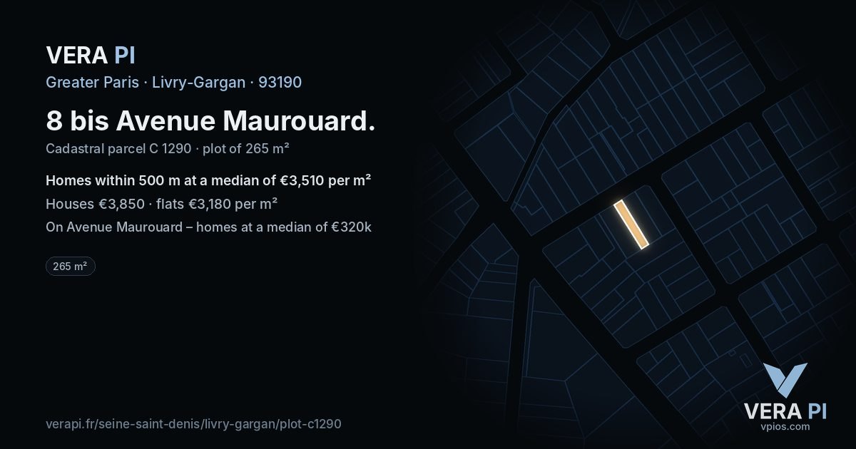 8 bis Avenue Maurouard, Livry-Gargan at night – the plot lit, the parcels around coloured by the prices near them