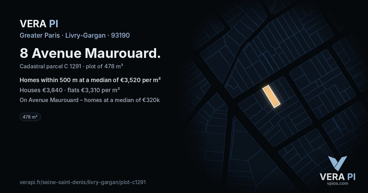 8 Avenue Maurouard, Livry-Gargan at night – the plot lit, the parcels around coloured by the prices near them