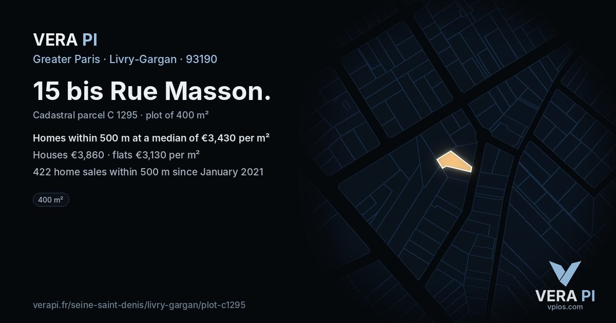 15 bis Rue Masson, Livry-Gargan at night – the plot lit, the parcels around coloured by the prices near them