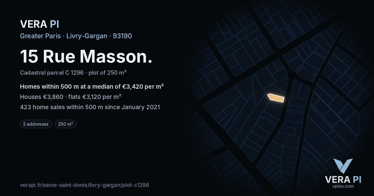 15 Rue Masson, Livry-Gargan at night – the plot lit, the parcels around coloured by the prices near them