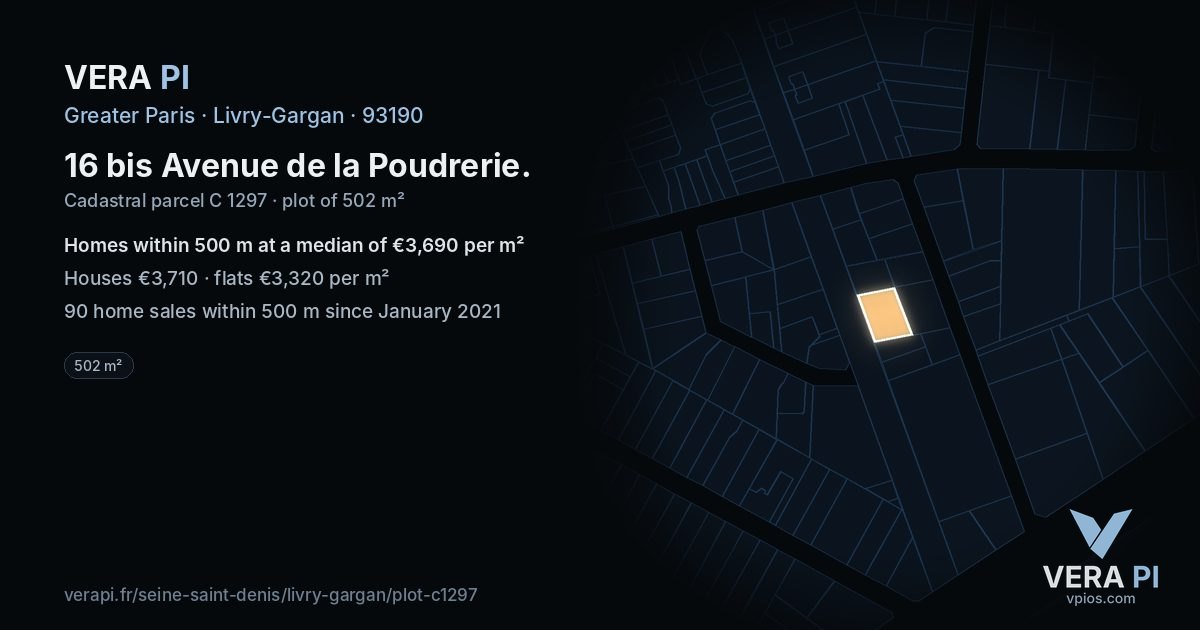 16 bis Avenue de la Poudrerie, Livry-Gargan at night – the plot lit, the parcels around coloured by the prices near them
