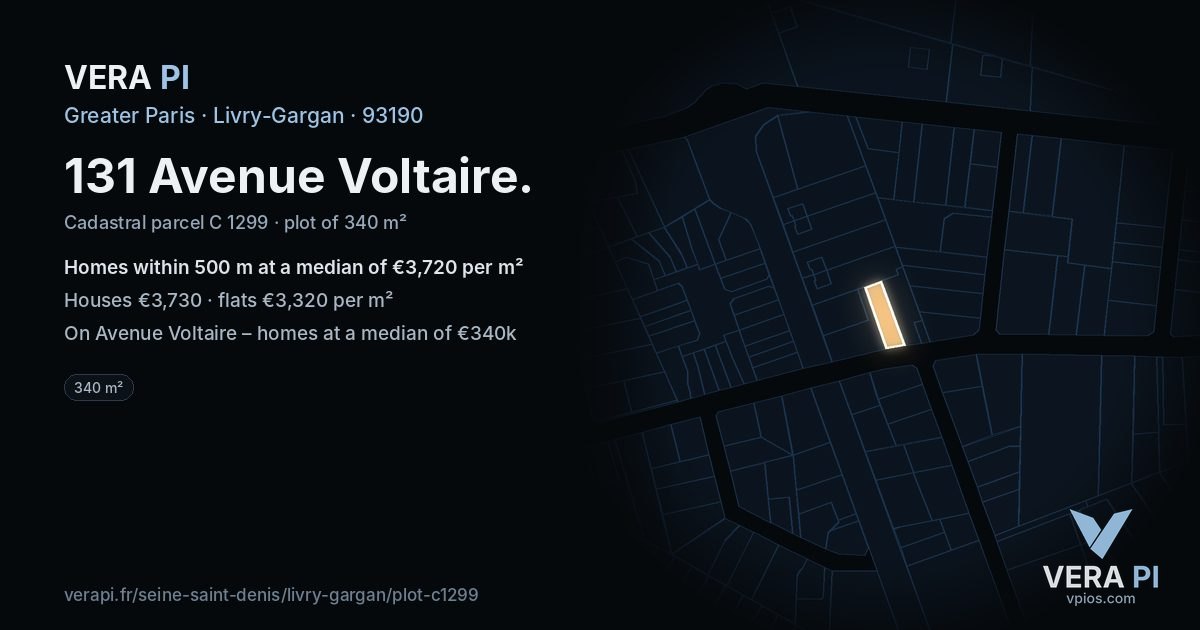 131 Avenue Voltaire, Livry-Gargan at night – the plot lit, the parcels around coloured by the prices near them