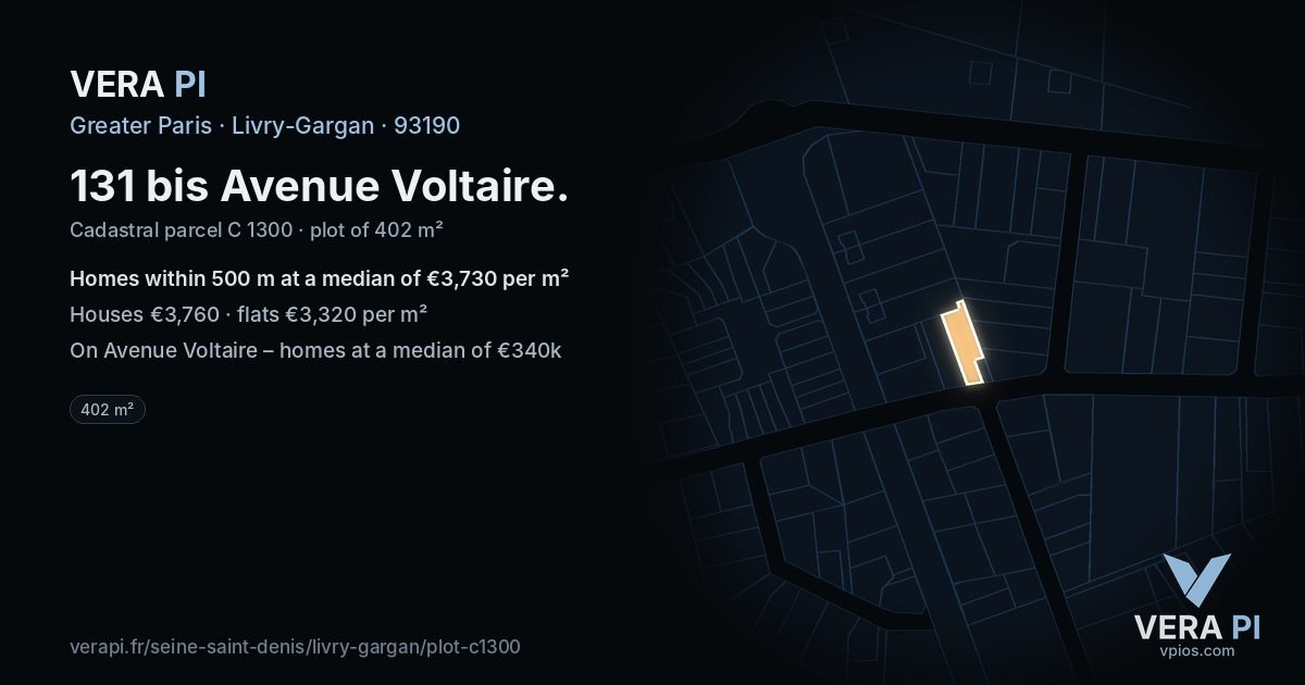 131 bis Avenue Voltaire, Livry-Gargan at night – the plot lit, the parcels around coloured by the prices near them