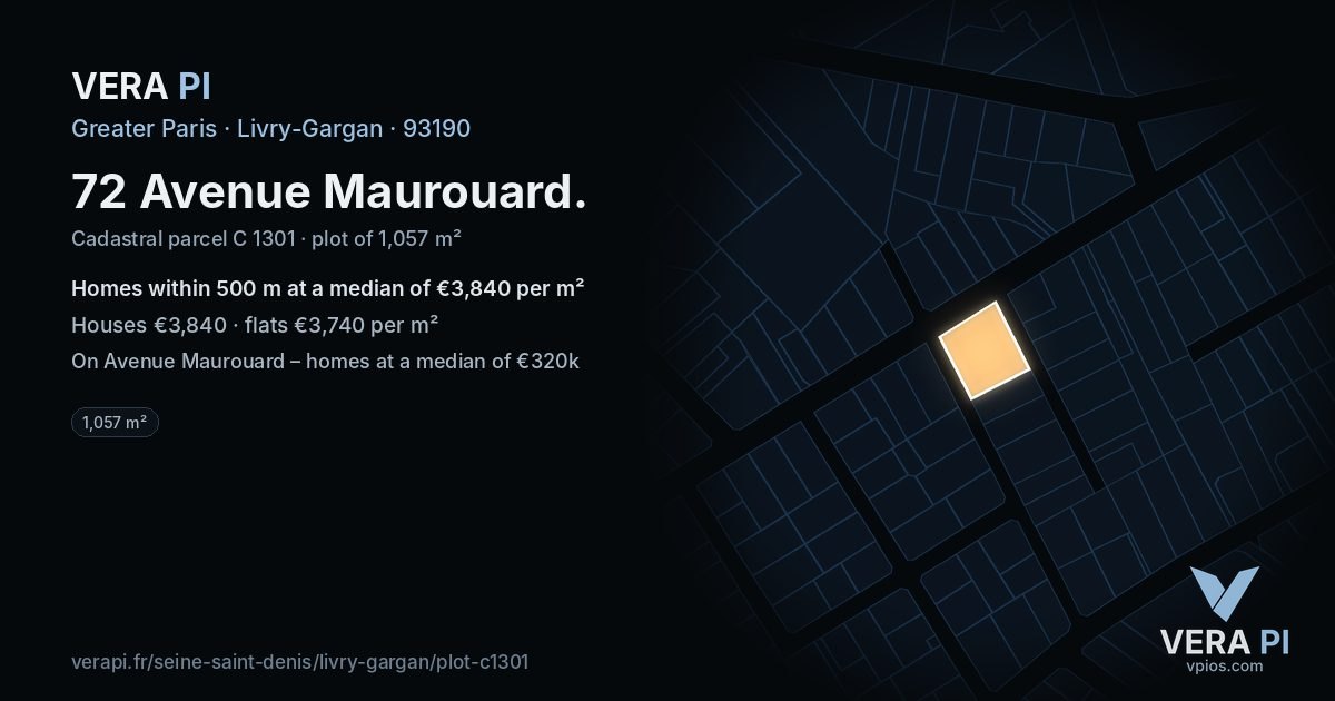 72 Avenue Maurouard, Livry-Gargan at night – the plot lit, the parcels around coloured by the prices near them