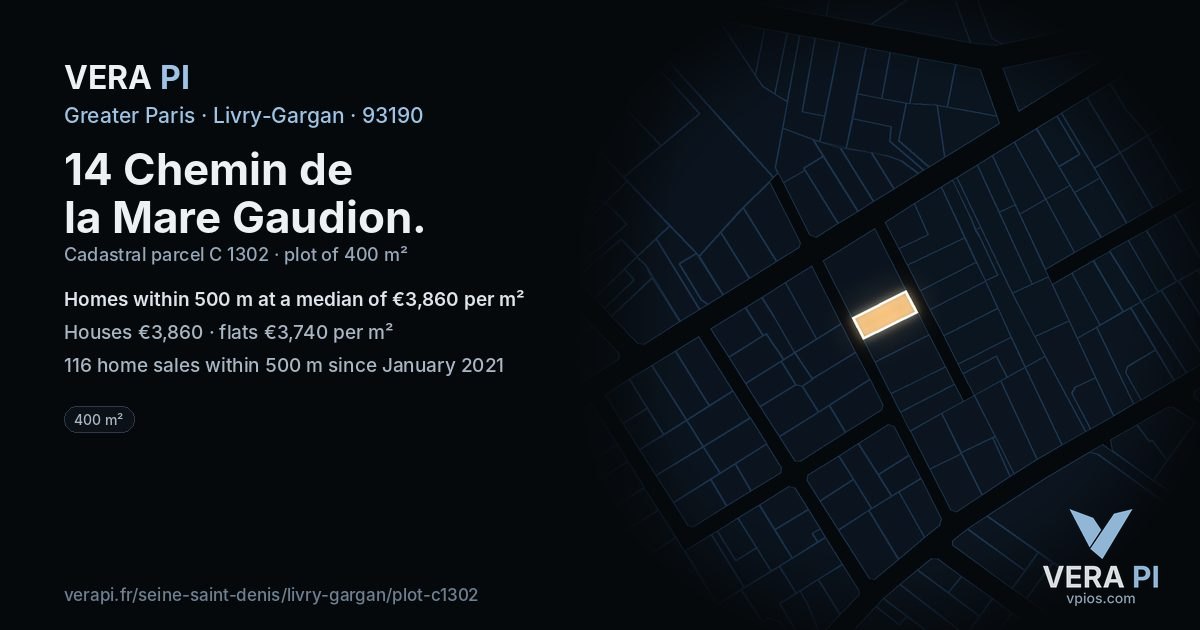 14 Chemin de la Mare Gaudion, Livry-Gargan at night – the plot lit, the parcels around coloured by the prices near them