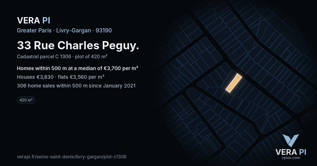 33 Rue Charles Peguy, Livry-Gargan at night – the plot lit, the parcels around coloured by the prices near them