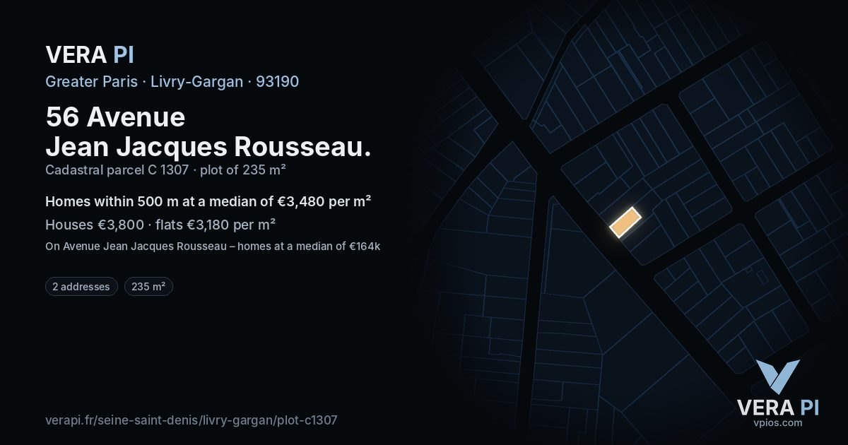 56 Avenue Jean Jacques Rousseau, Livry-Gargan at night – the plot lit, the parcels around coloured by the prices near them
