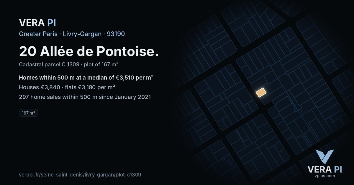 20 Allée de Pontoise, Livry-Gargan at night – the plot lit, the parcels around coloured by the prices near them