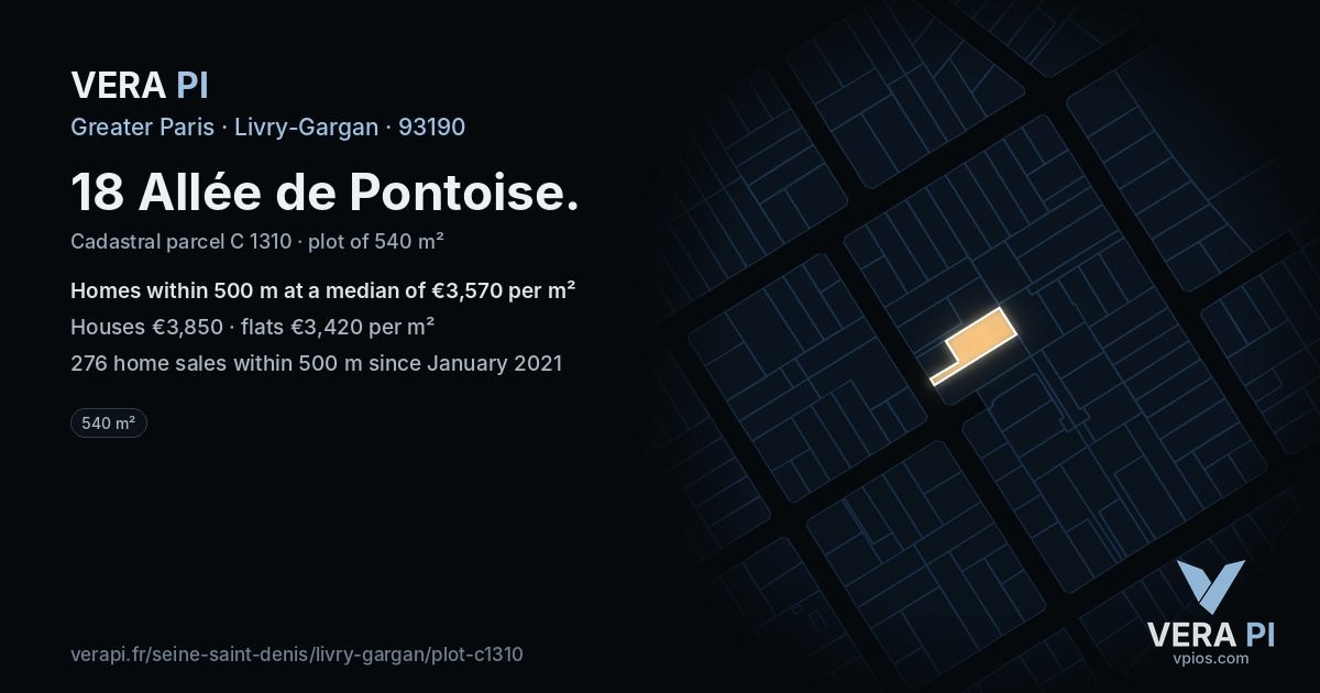 18 Allée de Pontoise, Livry-Gargan at night – the plot lit, the parcels around coloured by the prices near them