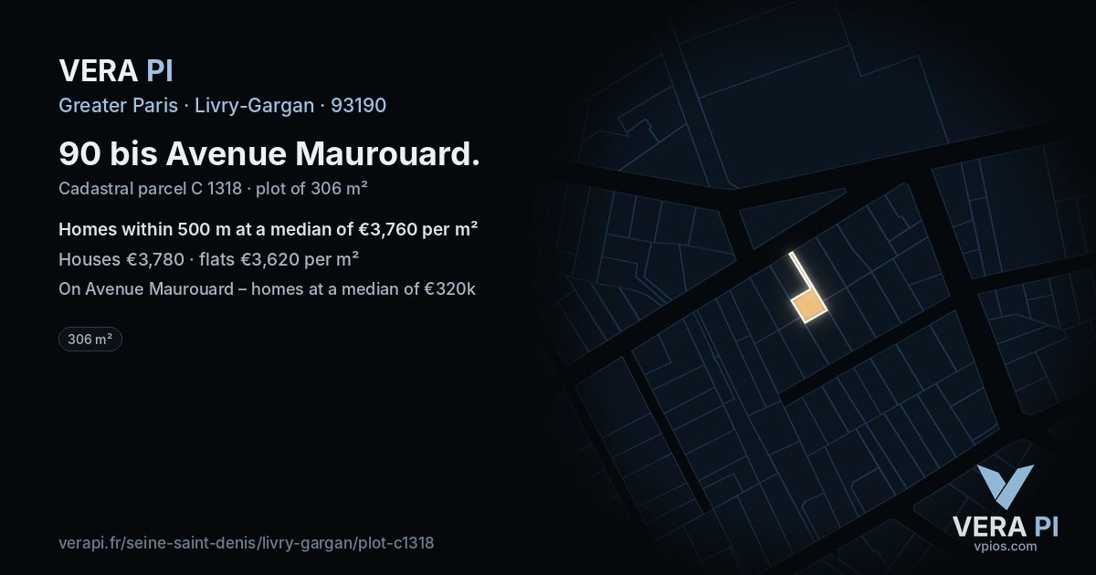 90 bis Avenue Maurouard, Livry-Gargan at night – the plot lit, the parcels around coloured by the prices near them