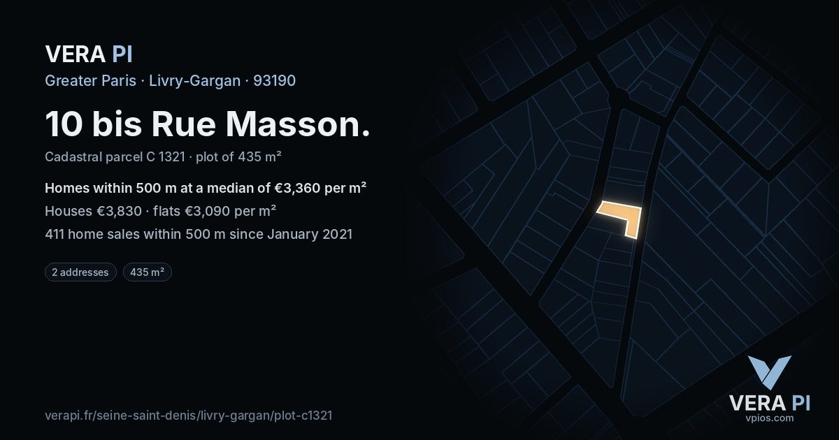 10 bis Rue Masson, Livry-Gargan at night – the plot lit, the parcels around coloured by the prices near them