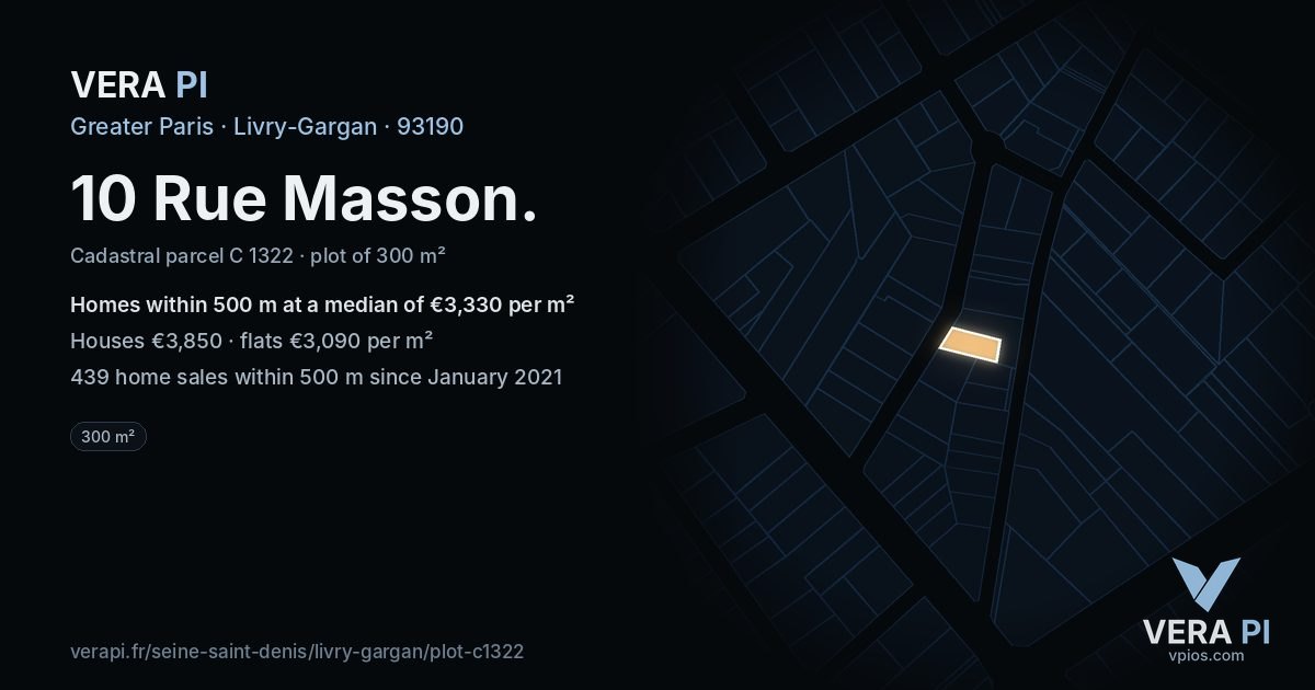 10 Rue Masson, Livry-Gargan at night – the plot lit, the parcels around coloured by the prices near them