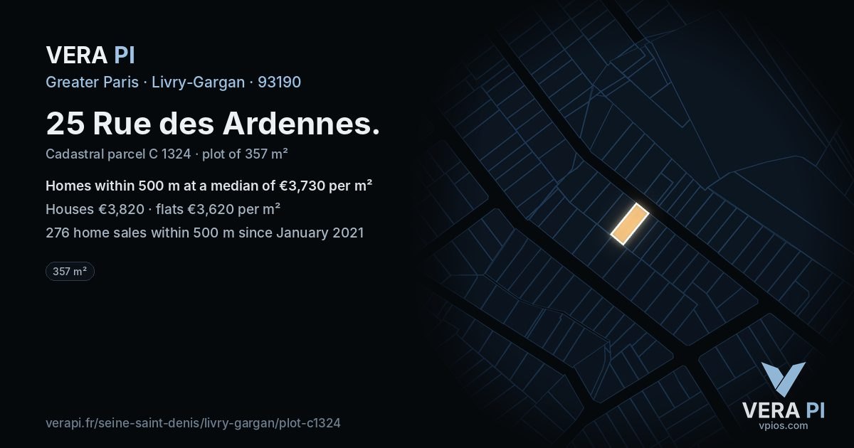 25 Rue des Ardennes, Livry-Gargan at night – the plot lit, the parcels around coloured by the prices near them