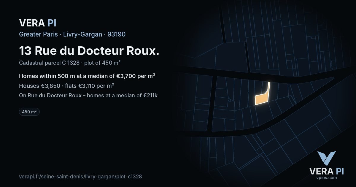 13 Rue du Docteur Roux, Livry-Gargan at night – the plot lit, the parcels around coloured by the prices near them