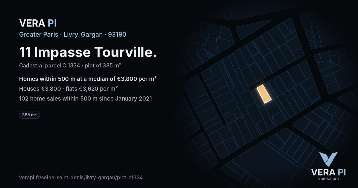 11 Impasse Tourville, Livry-Gargan at night – the plot lit, the parcels around coloured by the prices near them