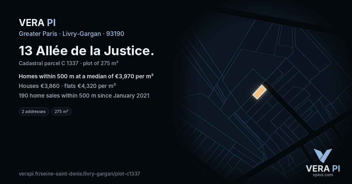 13 Allée de la Justice, Livry-Gargan at night – the plot lit, the parcels around coloured by the prices near them