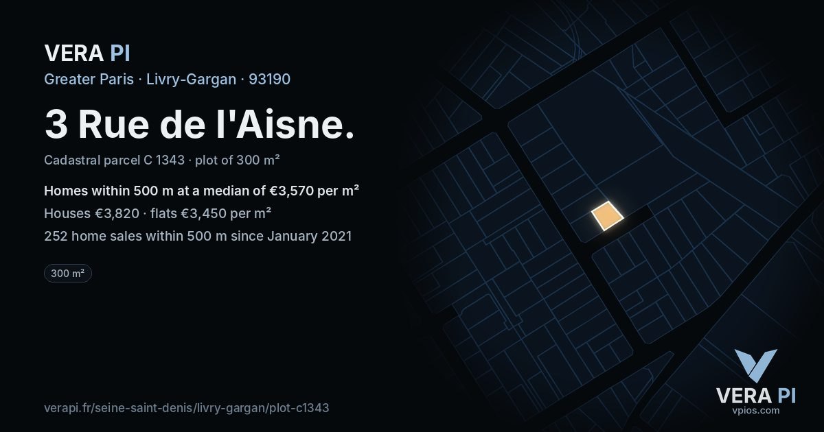 3 Rue de l'Aisne, Livry-Gargan at night – the plot lit, the parcels around coloured by the prices near them