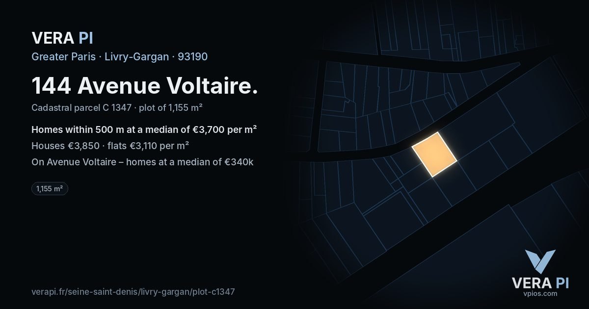 144 Avenue Voltaire, Livry-Gargan at night – the plot lit, the parcels around coloured by the prices near them