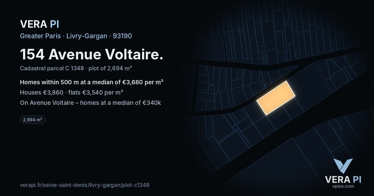 154 Avenue Voltaire, Livry-Gargan at night – the plot lit, the parcels around coloured by the prices near them